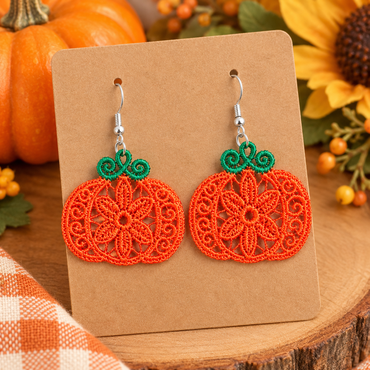 Halloween Pumpkin Earrings | Freestanding Lace Embroidery | 925 Silver
