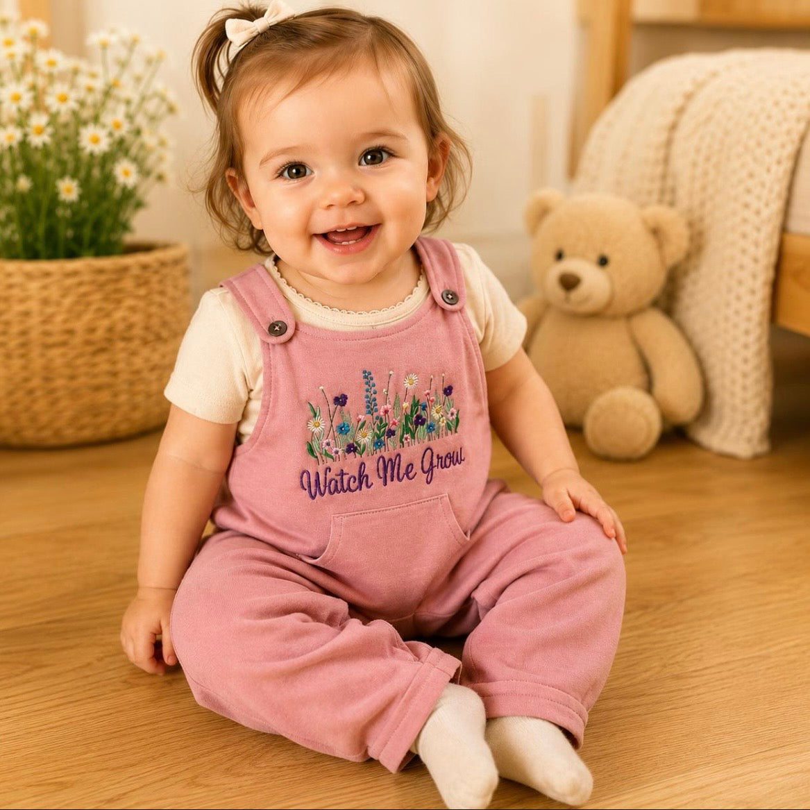 ‘Watch Me Grow’ Wildflower Embroidered Baby Dungarees