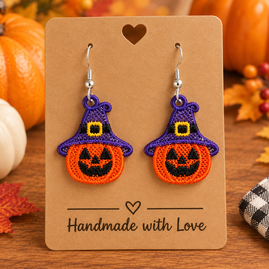 Halloween Pumpkin Witch Earrings | Freestanding Lace Embroidery | 925 Silver