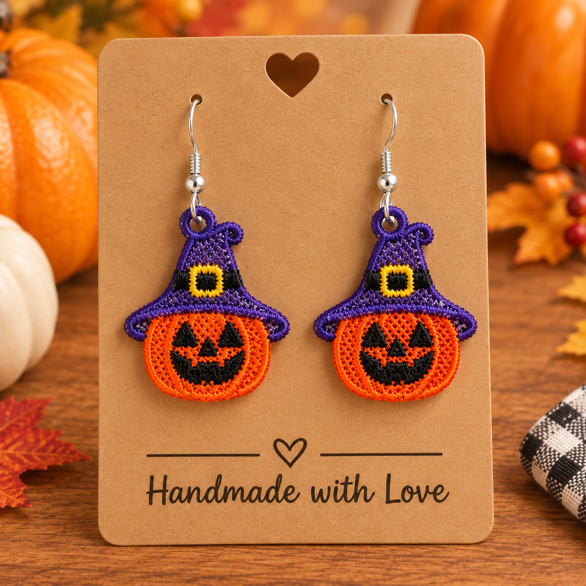 Halloween Pumpkin Witch Earrings | Freestanding Lace Embroidery | 925 Silver