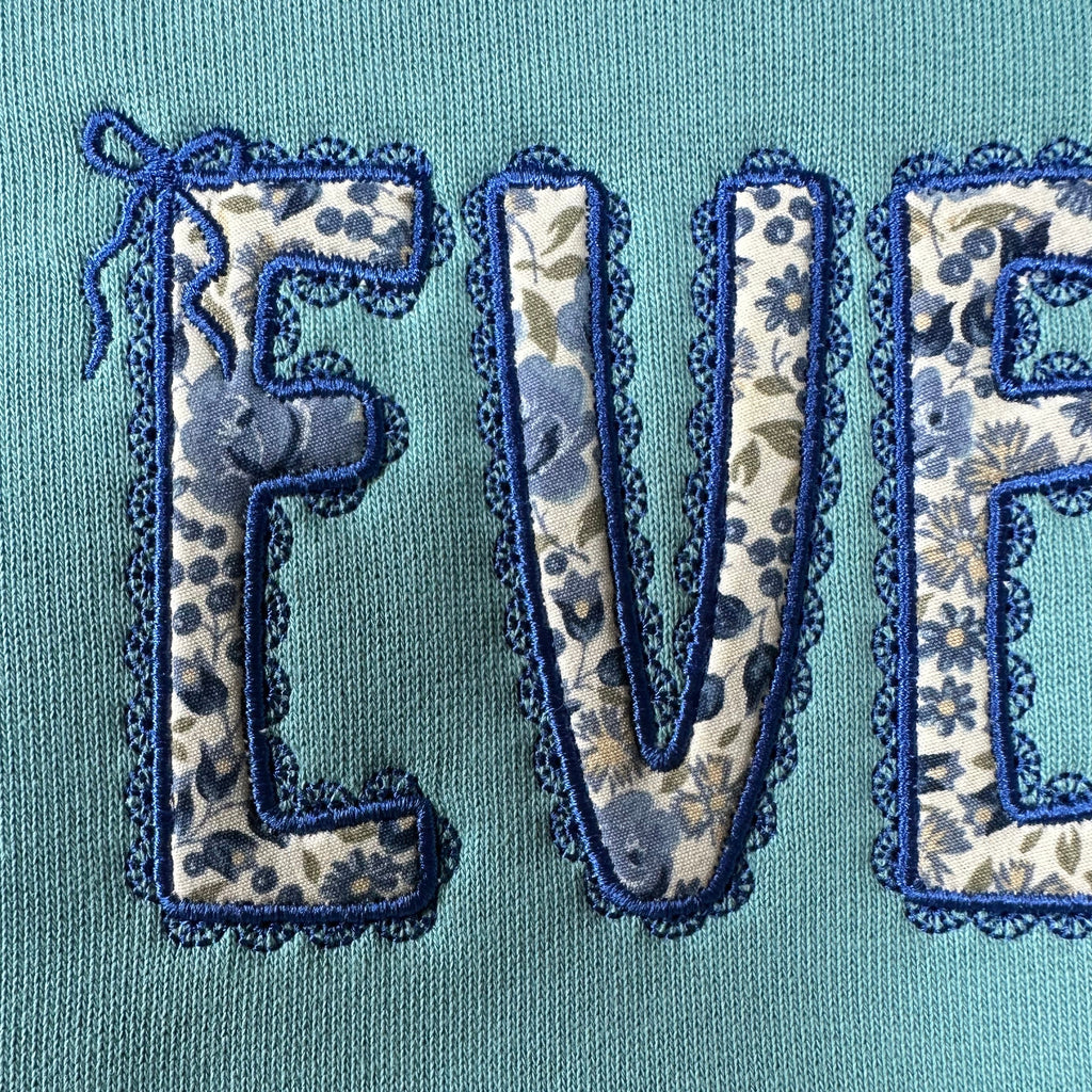 Personalised Kids Sweatshirt | Custom Name Embroidered Jumper | Blue Floral Lace Appliqué | Organic Cotton Children’s Gift