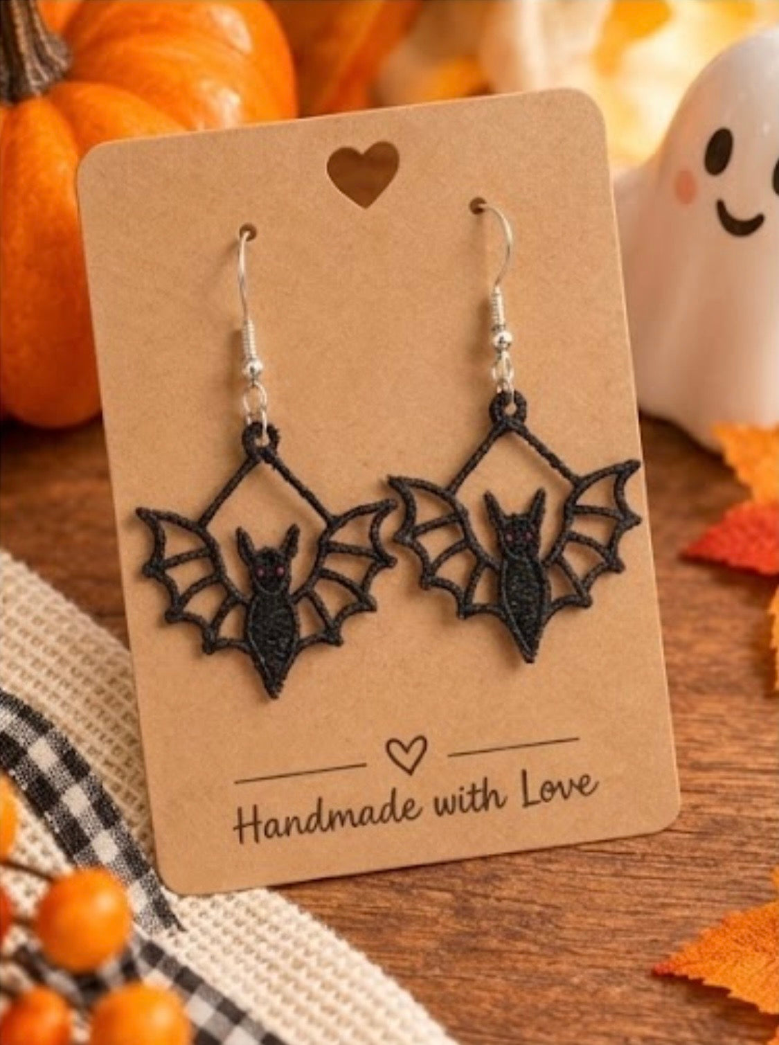 Halloween Bat Earrings | Freestanding Lace Embroidery | 925 Silver