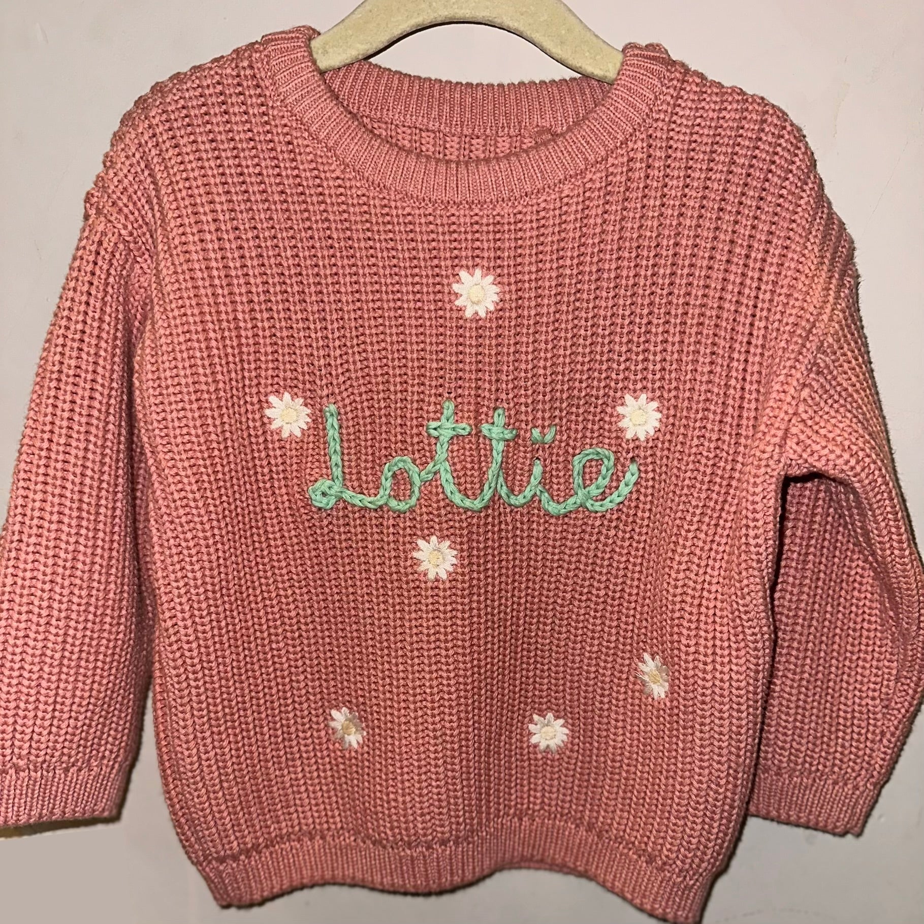 Hand Embroidered Oversized Knitted Jumper with mint green yarn