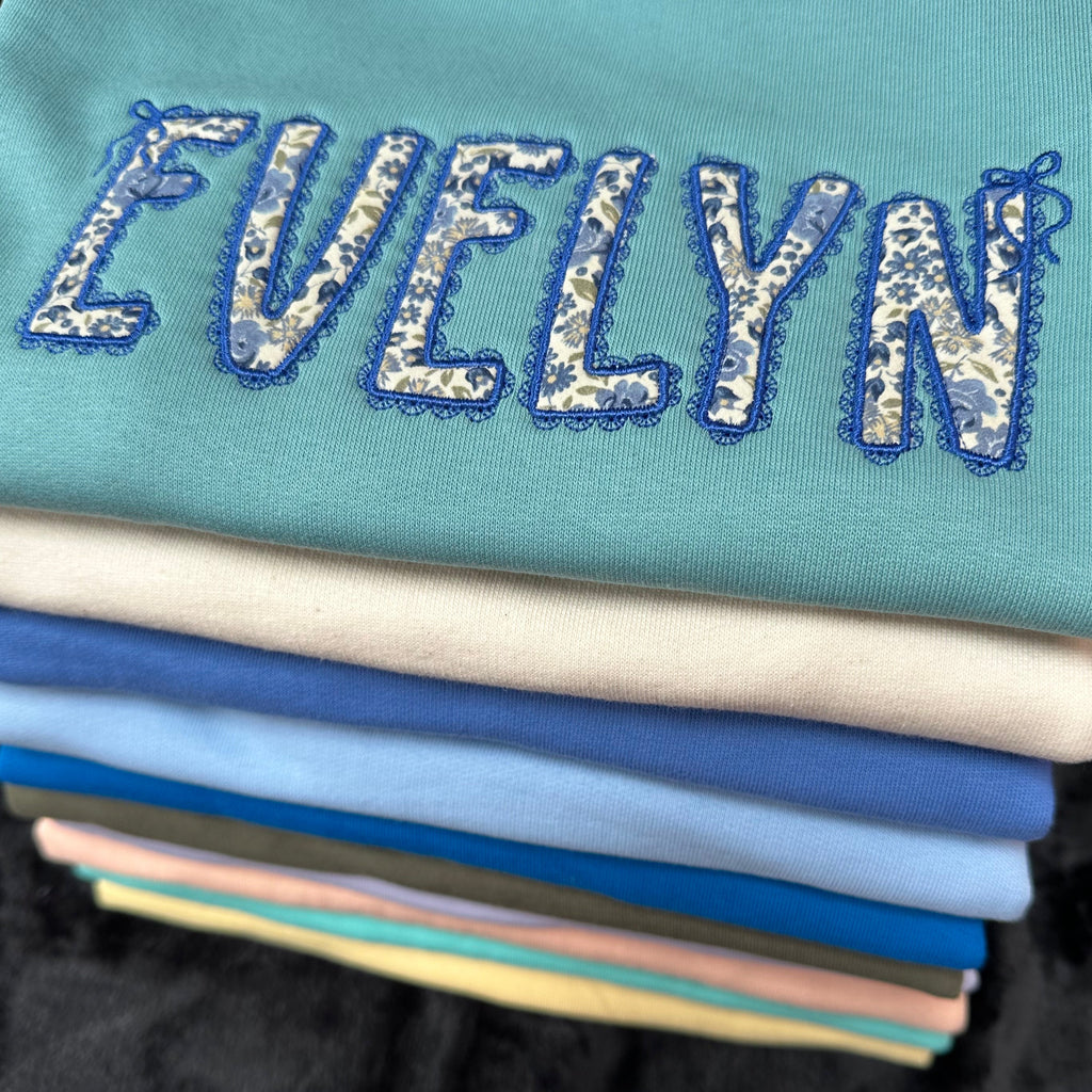 Personalised Kids Sweatshirt | Custom Name Embroidered Jumper | Blue Floral Lace Appliqué | Organic Cotton Children’s Gift