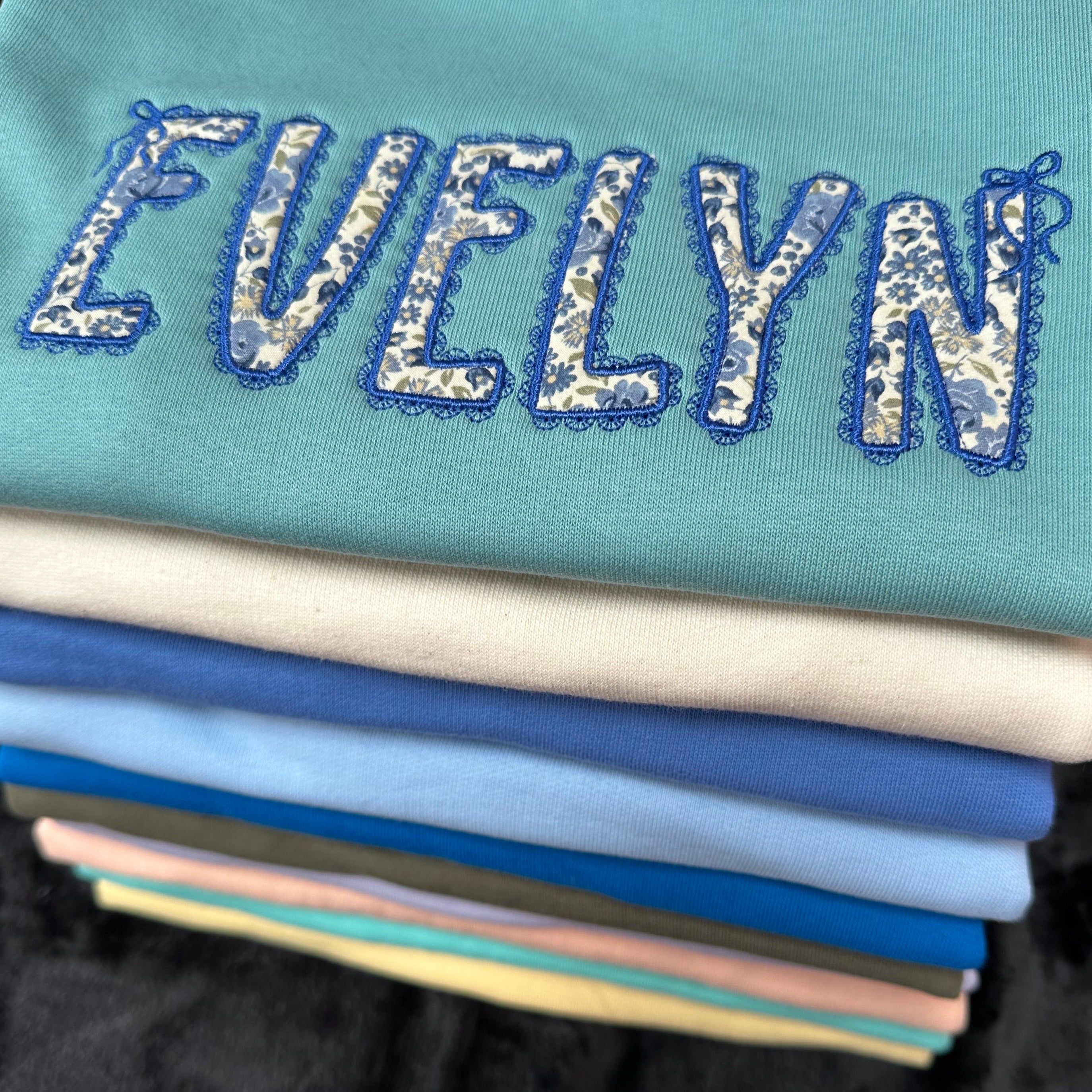 Personalised Kids Sweatshirt | Custom Name Embroidered Jumper | Blue Floral Lace Appliqué | Organic Cotton Children’s Gift