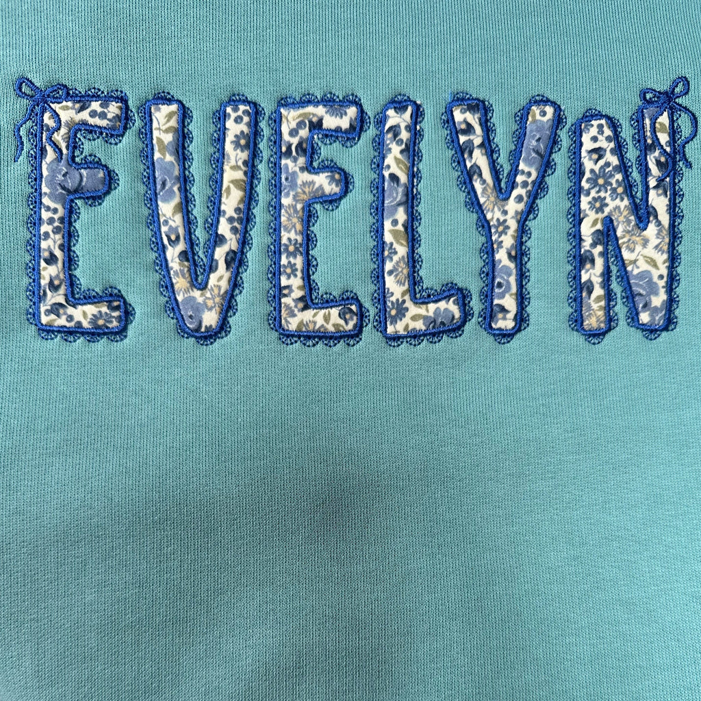 Personalised Kids Sweatshirt | Custom Name Embroidered Jumper | Blue Floral Lace Appliqué | Organic Cotton Children’s Gift