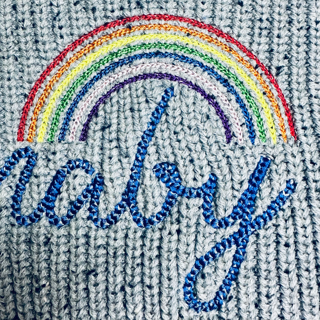 Personalised Knitted Jumper - Blue with Rainbow Detail