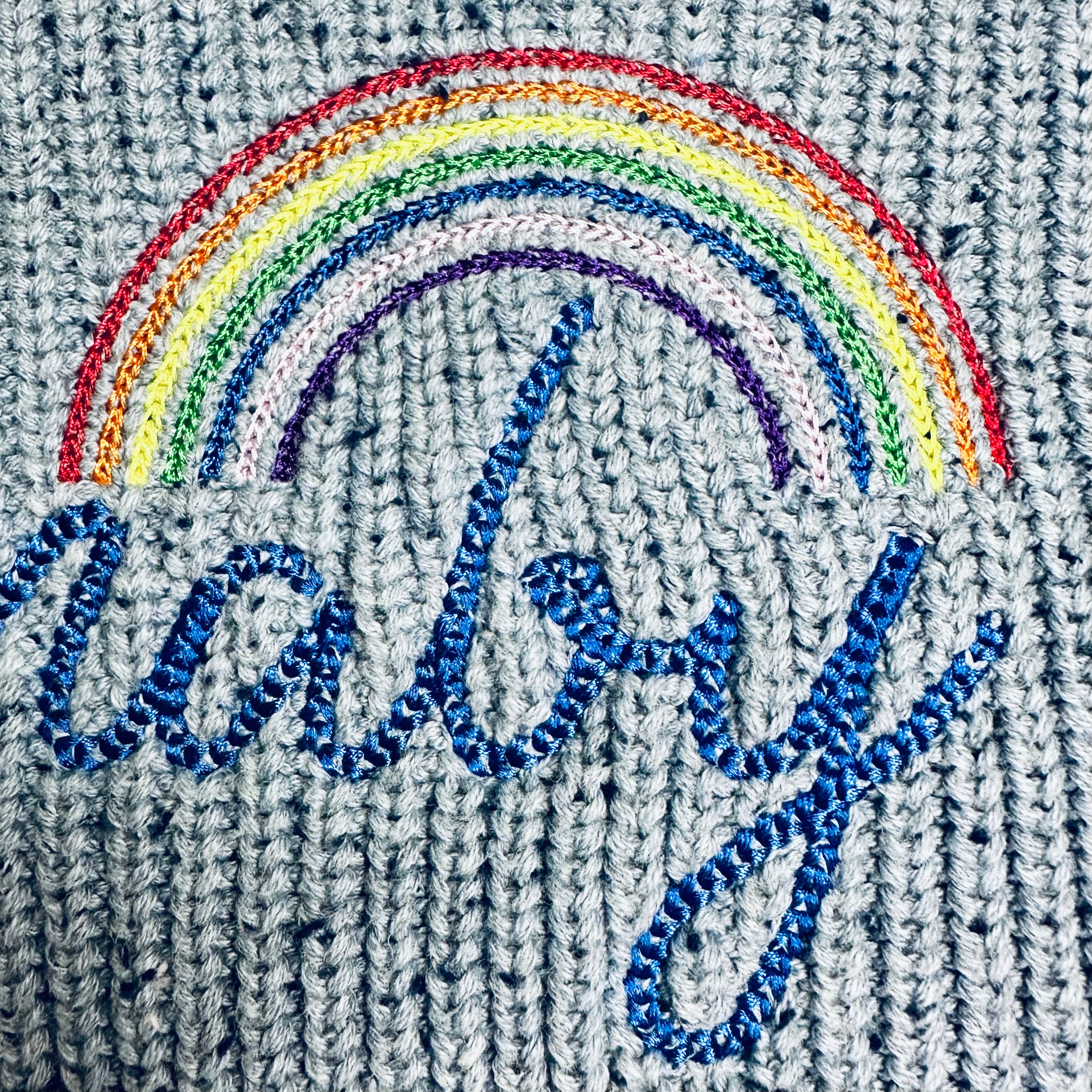 Personalised Knitted Jumper - Blue with Rainbow Detail