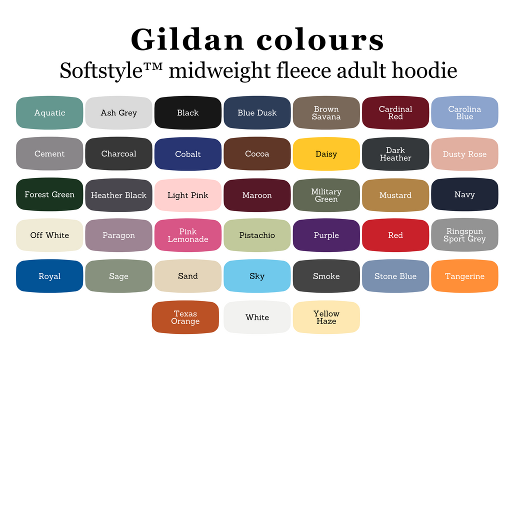 Colour swatch chart for Gildan Softstyle midweight fleece adult hoodie
