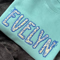 Personalised Kids Sweatshirt | Custom Name Embroidered Jumper | Blue Floral Lace Appliqué | Organic Cotton Children’s Gift