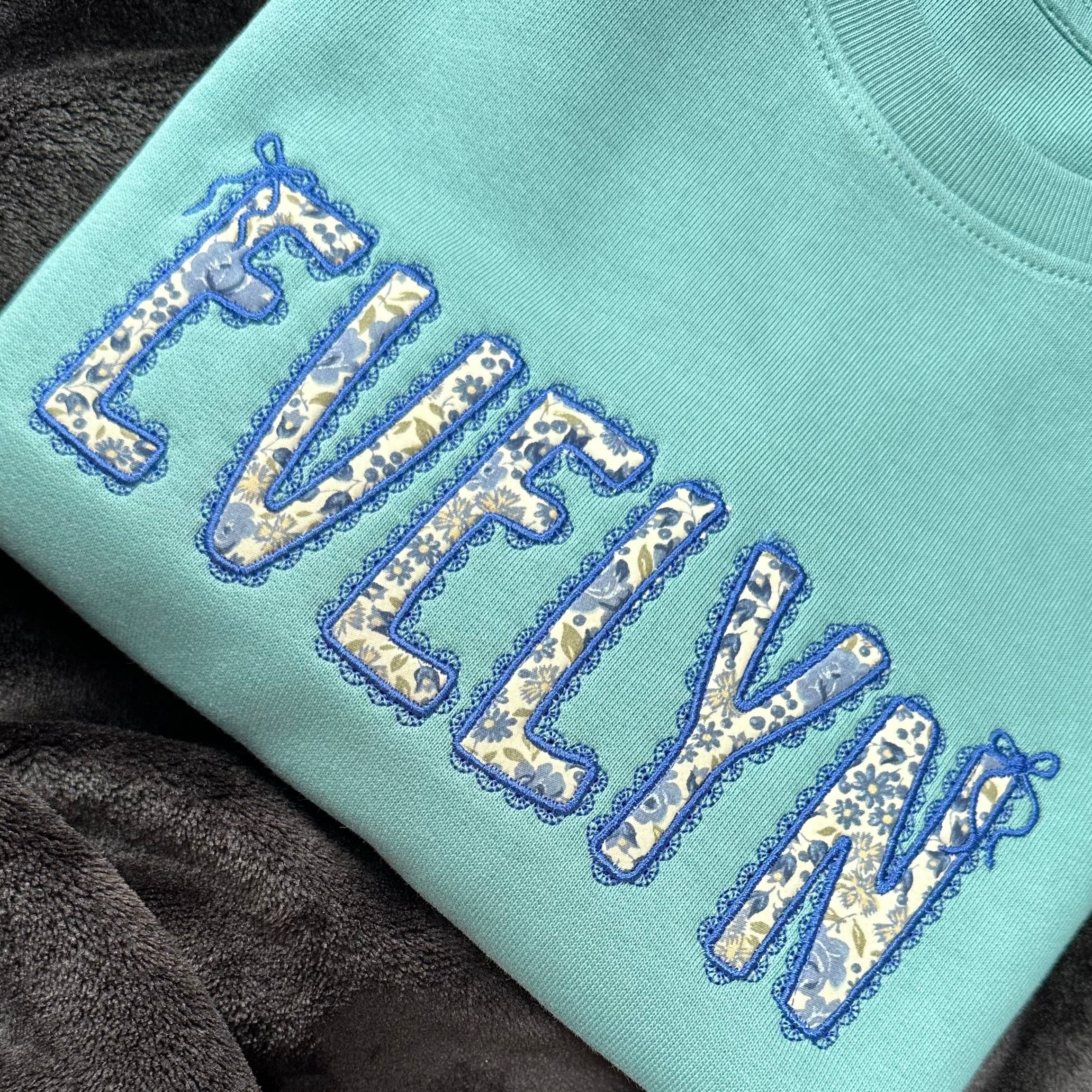 Personalised Kids Sweatshirt | Custom Name Embroidered Jumper | Blue Floral Lace Appliqué | Organic Cotton Children’s Gift