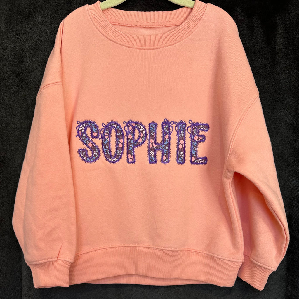 Personalised Kids Sweatshirt | Custom Name Embroidered Jumper | Purple Floral Lace Appliqué | Organic Cotton Children’s Gift