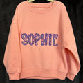 Personalised Kids Sweatshirt | Custom Name Embroidered Jumper | Purple Floral Lace Appliqué | Organic Cotton Children’s Gift
