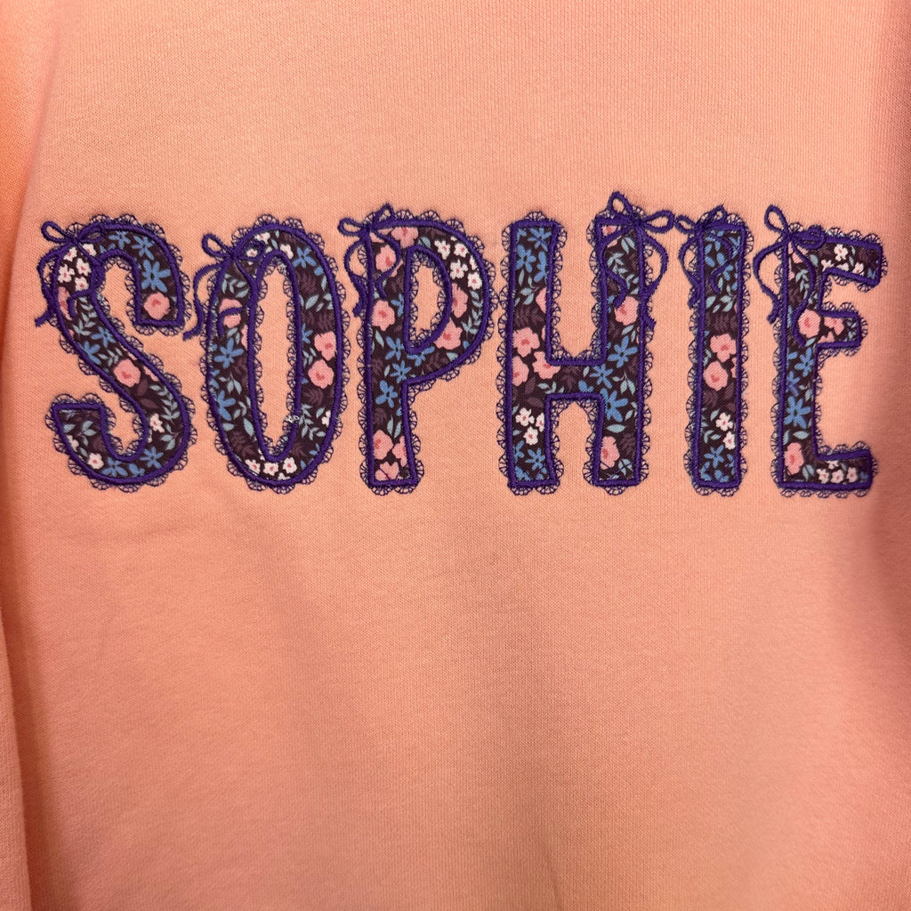 Personalised Kids Sweatshirt | Custom Name Embroidered Jumper | Purple Floral Lace Appliqué | Organic Cotton Children’s Gift