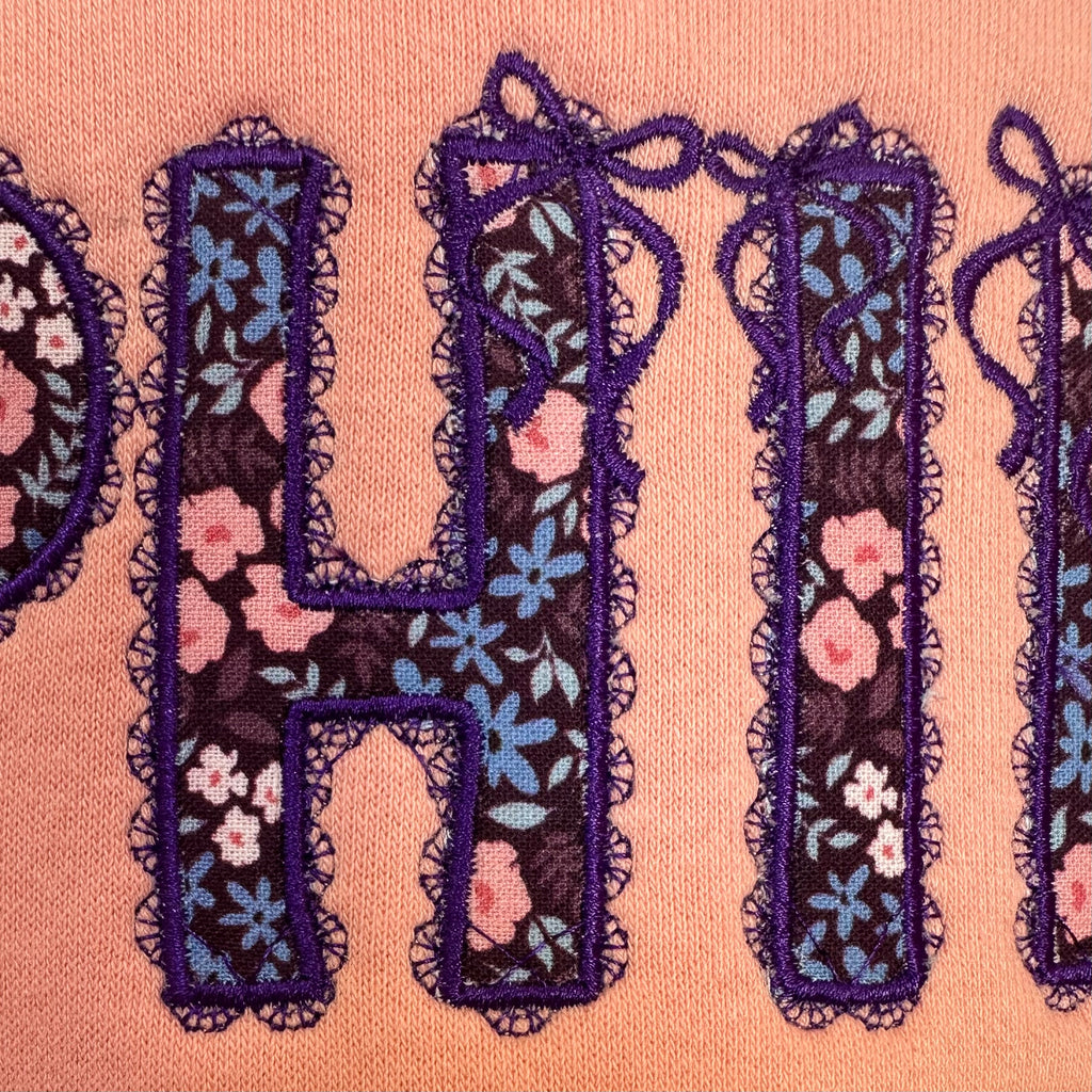 Personalised Kids Sweatshirt | Custom Name Embroidered Jumper | Purple Floral Lace Appliqué | Organic Cotton Children’s Gift